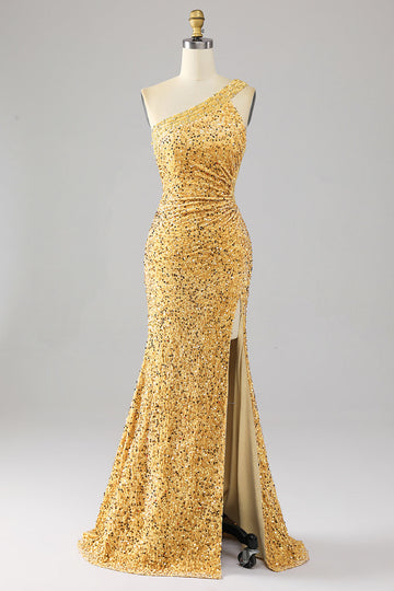 Mermaid Paillettes Una spalla dorato Prom Dress con fessura